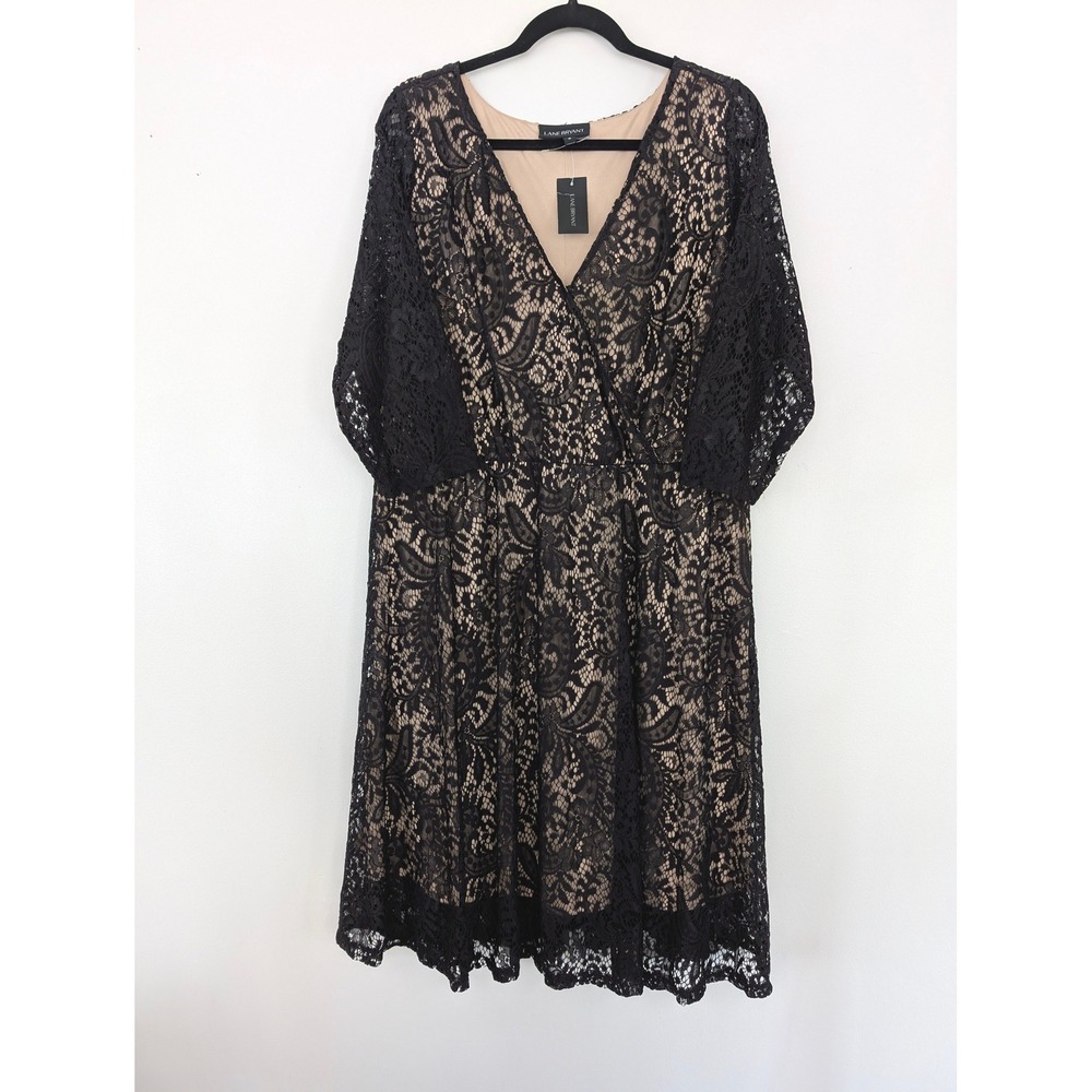 Lane Bryant Black Floral Lace‎ V-Neck Dress Nude Lining Size 18 NWT Cocktail